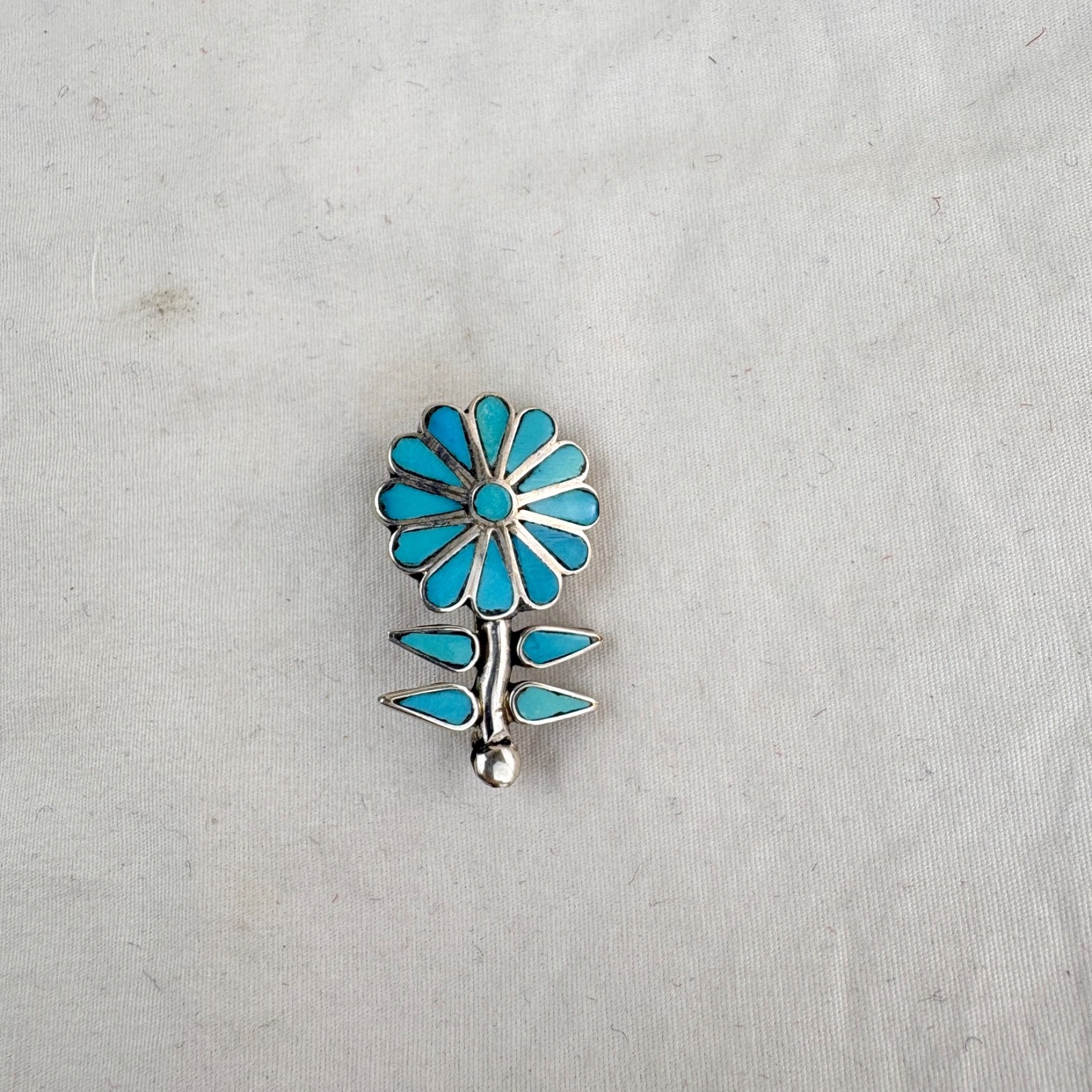 Zuni Inlay Turquoise and Silver Flower Pendant/Pin by J. Laate