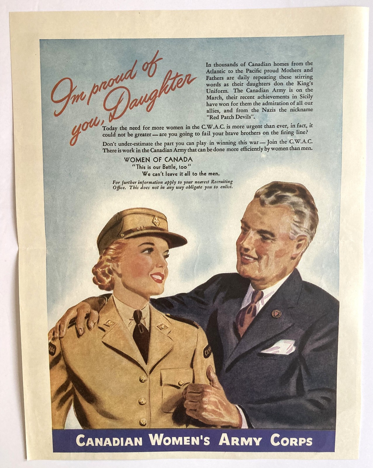 1944 CWAC CANADIAN WOMEN\'S ARMY CORP RECRUITING AD CANADA FATHER DAUGHTER
