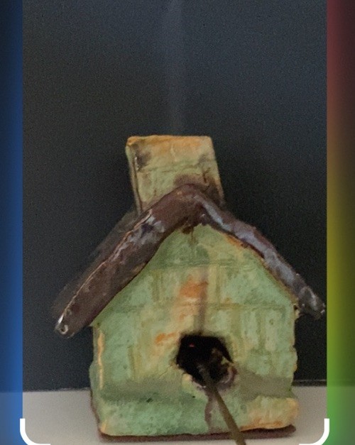 Vintage Handmade Ceramic Tiny House Incense Burn Miniature Chimney Pale Green