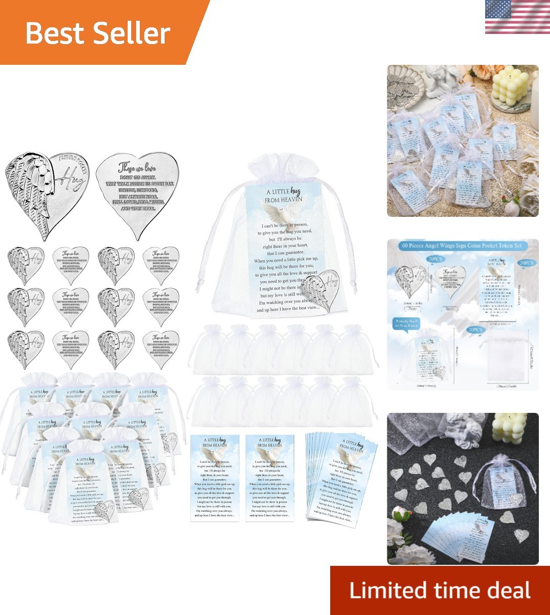 20 Sets Heart Pocket Hug Token Angel Coins Prayer Cards, English 20 Sets Heart Pocket Hug Token Angel Coins Prayer Cards, English