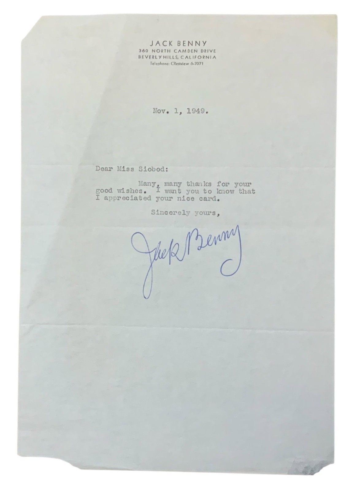 Actor & Comedian Jack Benny 1949 TSL Signed Auto Letter Letterhead