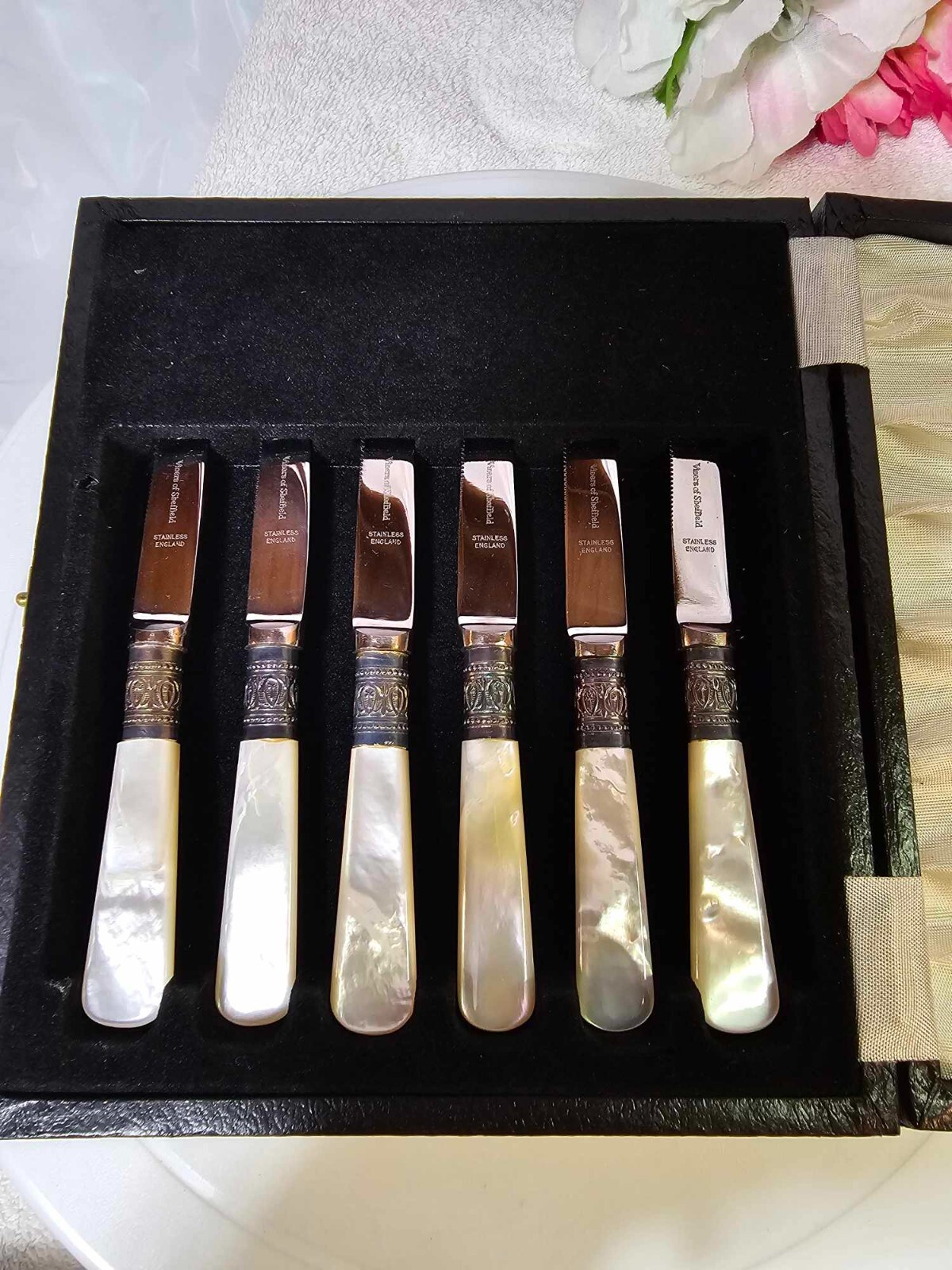 6 Vtg Viners of Sheffield England MOP Knives Fruit/Cheese Knife-barely used BOX
