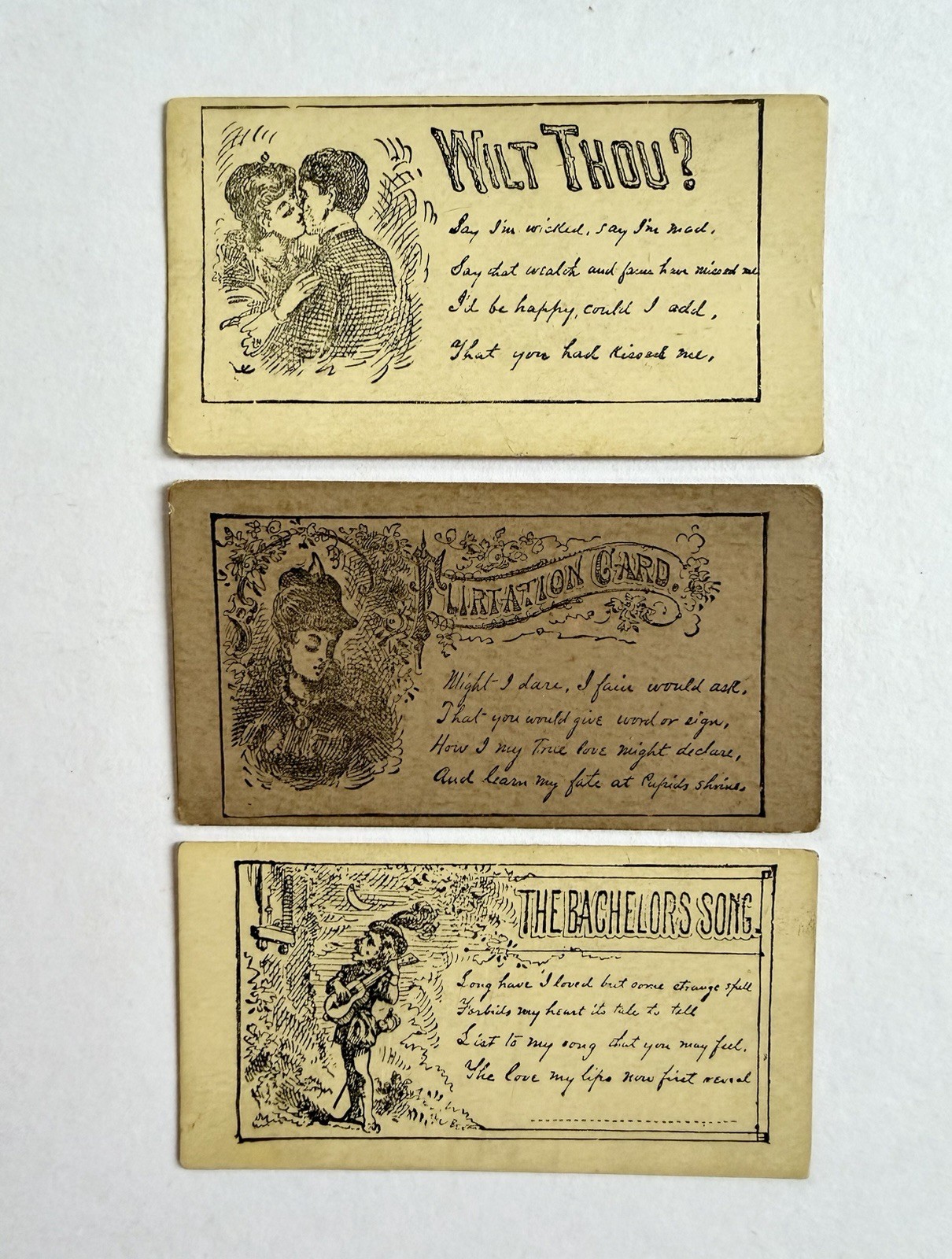 Lot Of 3 Antique Victorian Acquaintance Escort Cards, Love Courting Flirtation