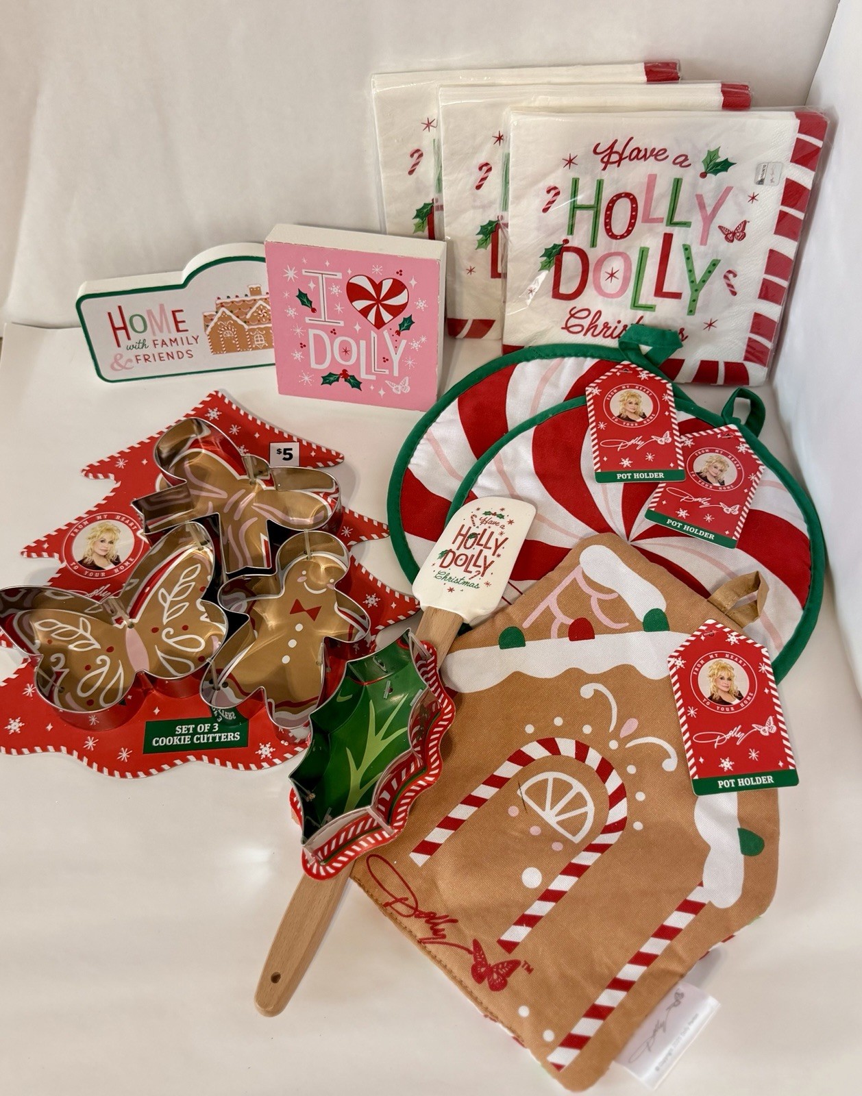 10Pc. Dolly Parton Christmas Lot, NWT, Spatula Cookie Cutters Decor Pot Holder