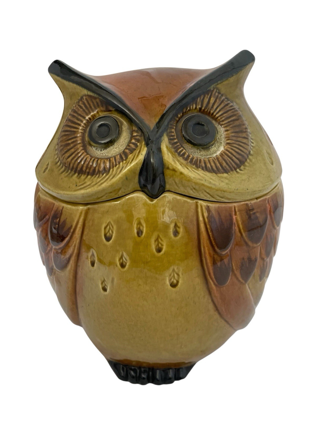 Vtg 1960s Metlox Poppy Trail California Pottery Owl Cookie Jar Brown Yellow USA 