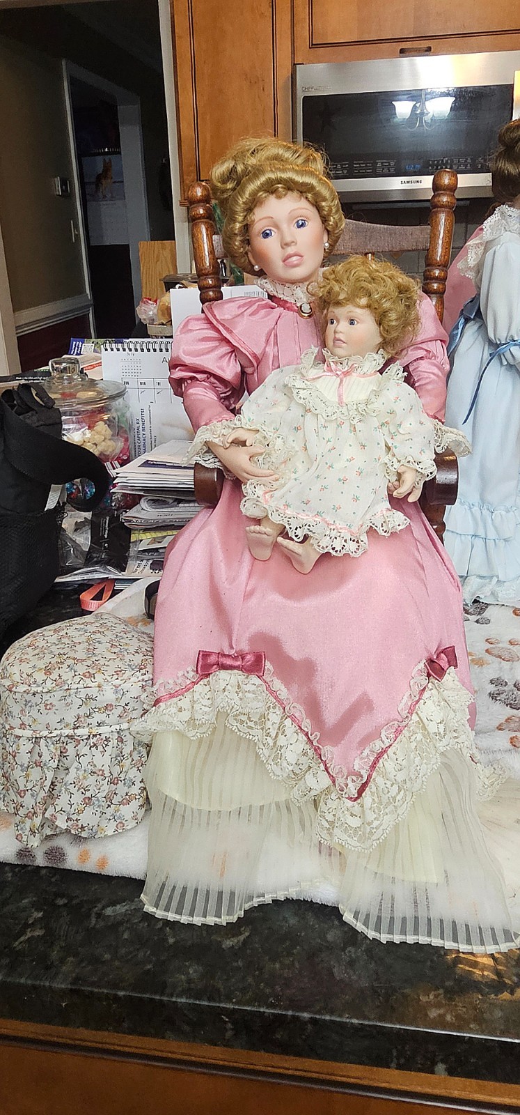Vintage Porcelain Mother and Child Dolls with Wooden Rocking Chair
