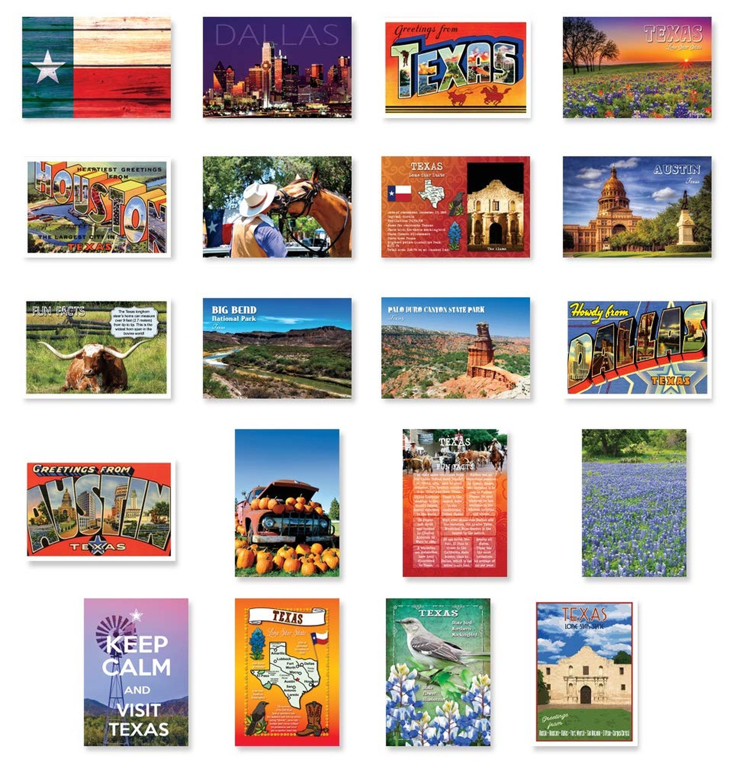 TEXAS postcard set of 20 postcards. TX post card variety pack containing 20 d...