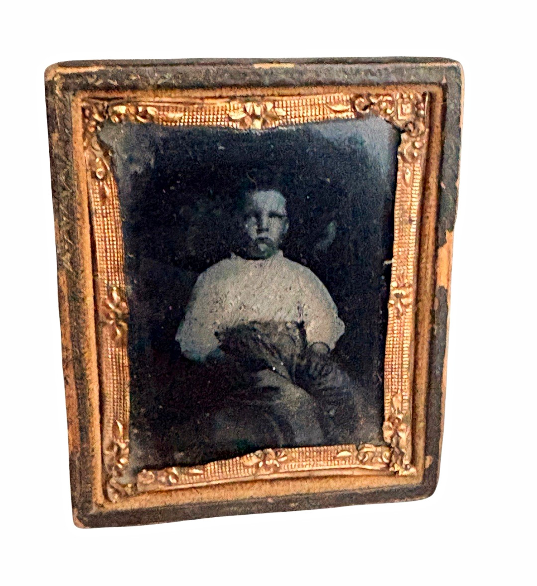 Antique 1860s Cased Tintype Photo Seated Child Portrait 1/6 Plate Embossed Case
