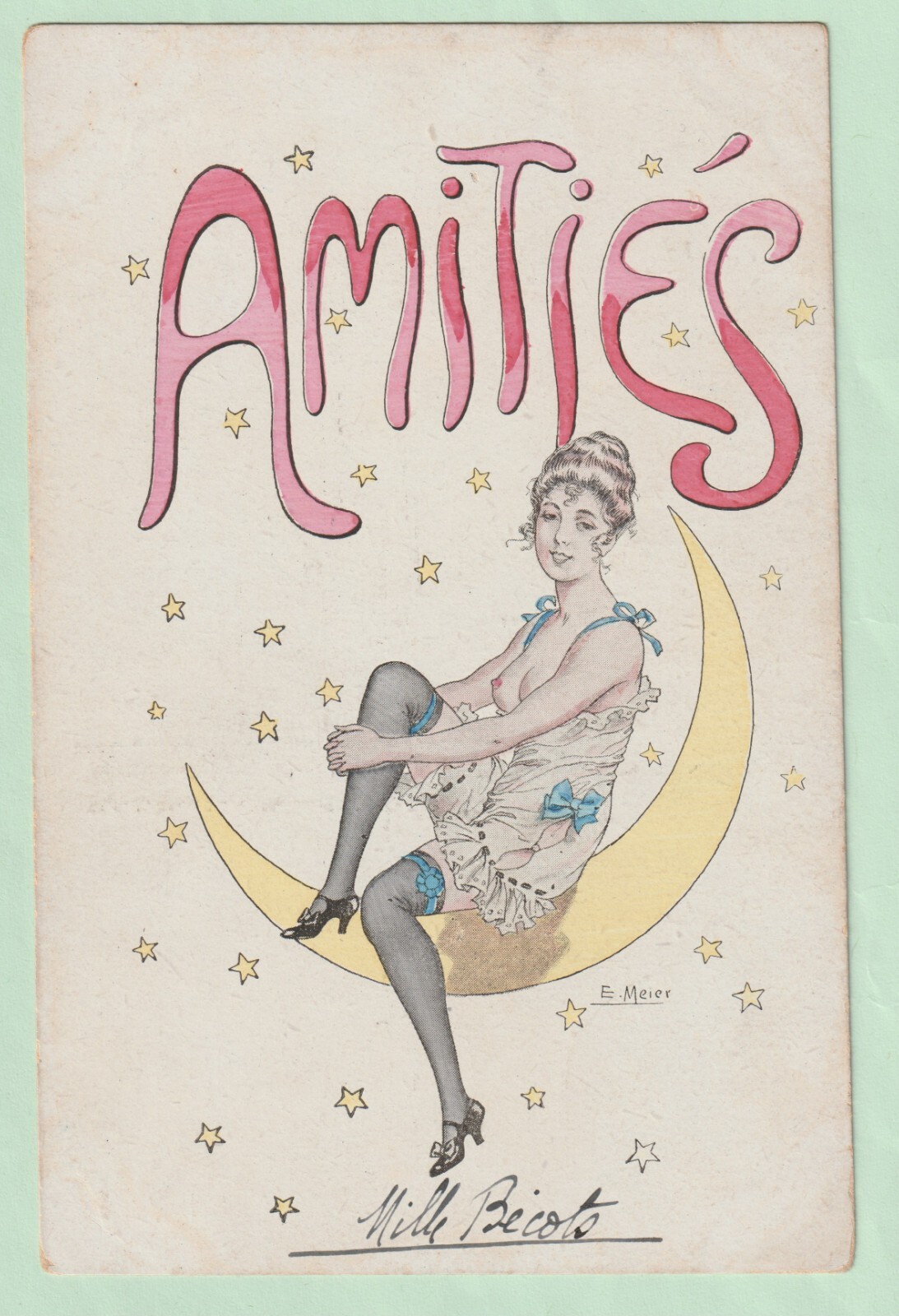 Stunning original French risqué nude Art Deco Amitiés postcard 1910's oct #1003