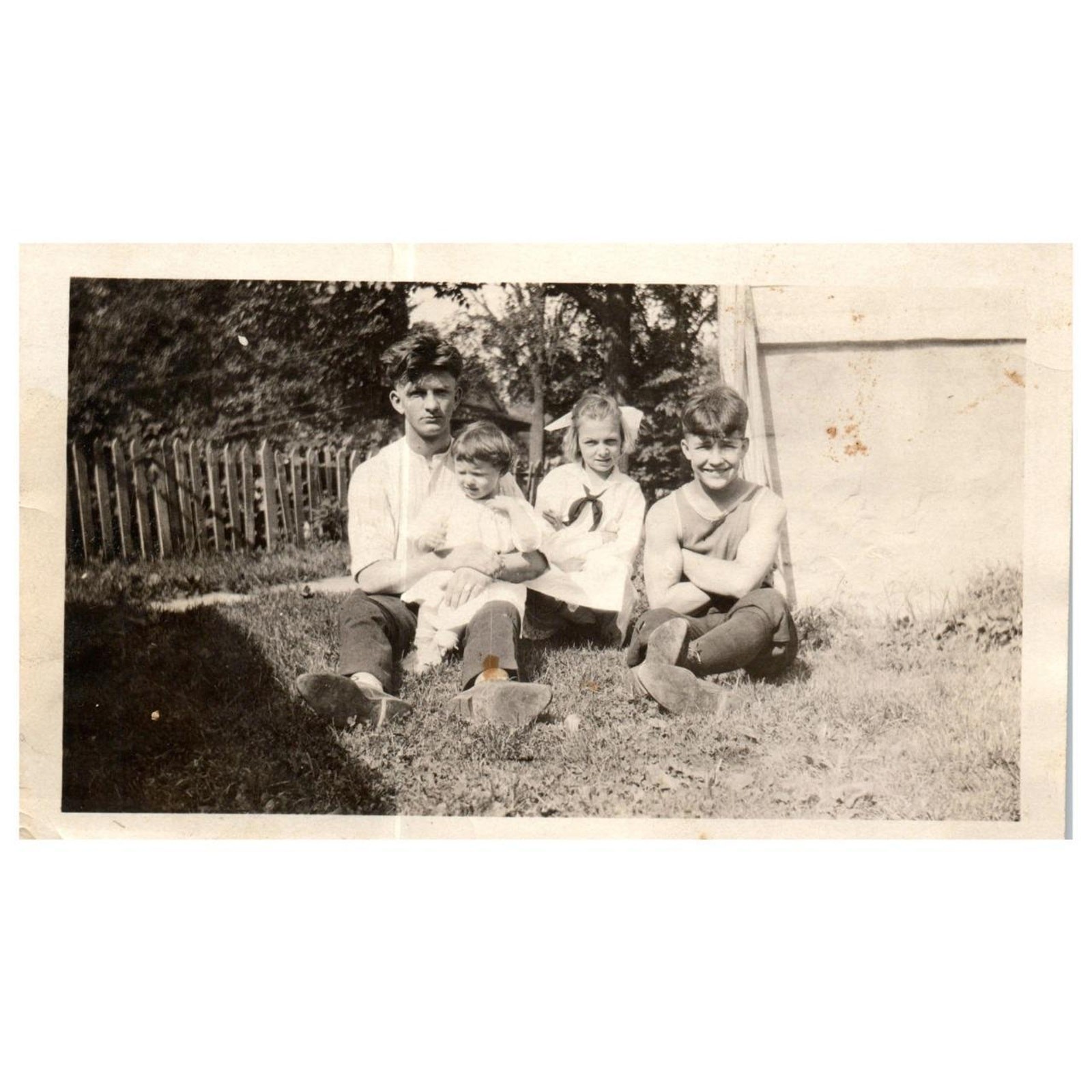Sepia Photograph 1930's Young Family Seated on Lawn Old Photo