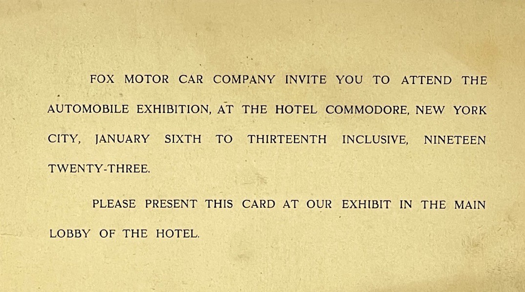 Ultra-Rare 1923 Fox Motor Car Co. Exhibition Invitation – Hotel Commodore NYC 