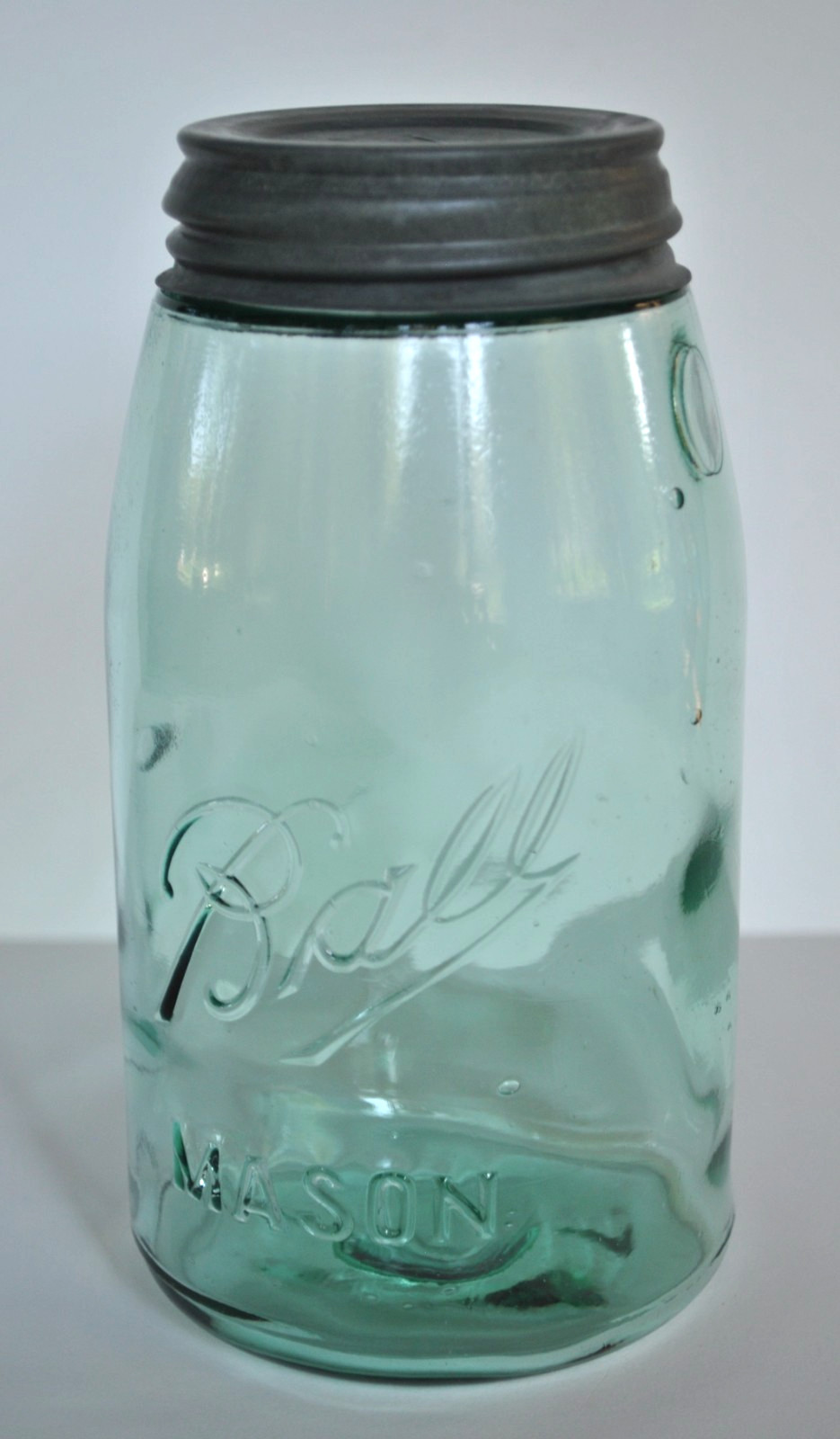 Vtg 1910~1923 BALL MASON GREEN~BLUE QUART CANNING JAR w/ BIG BUBBLES ~ MOLD E #1