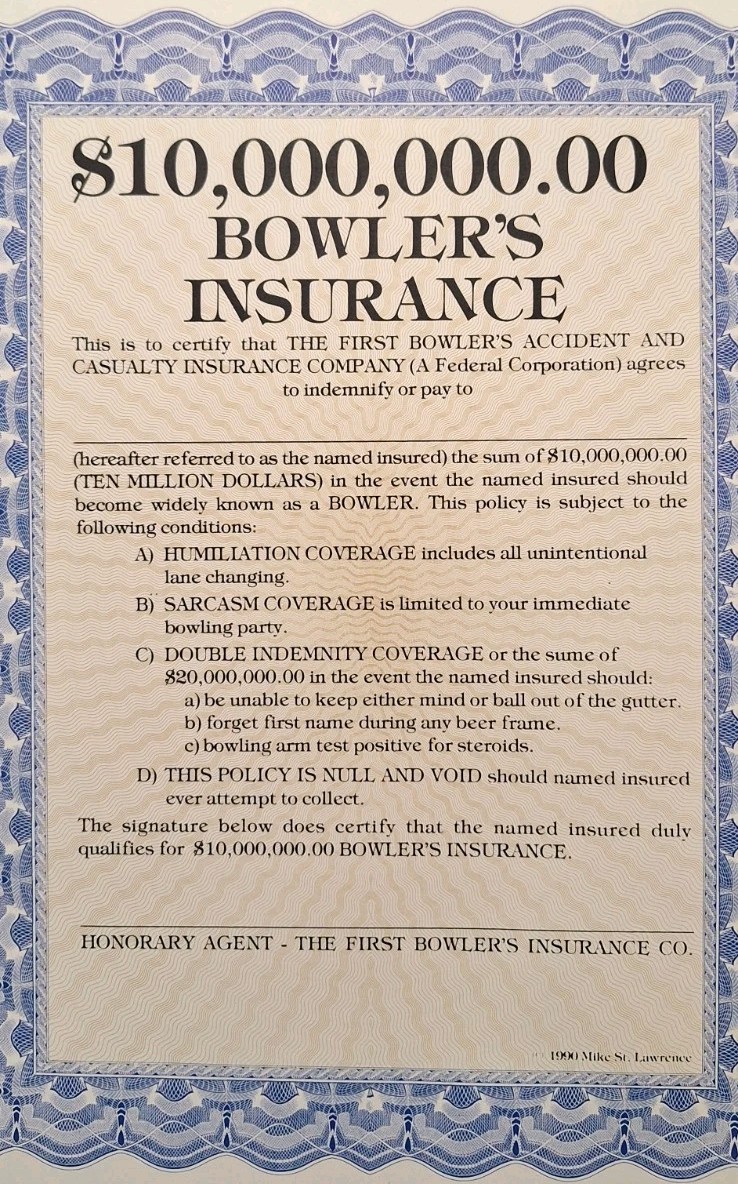 VTG 1990 MIKE ST. LAWRENCE BOWLERS INSURANCE POLICY Blank Novelty Lot Of 9 *RARE