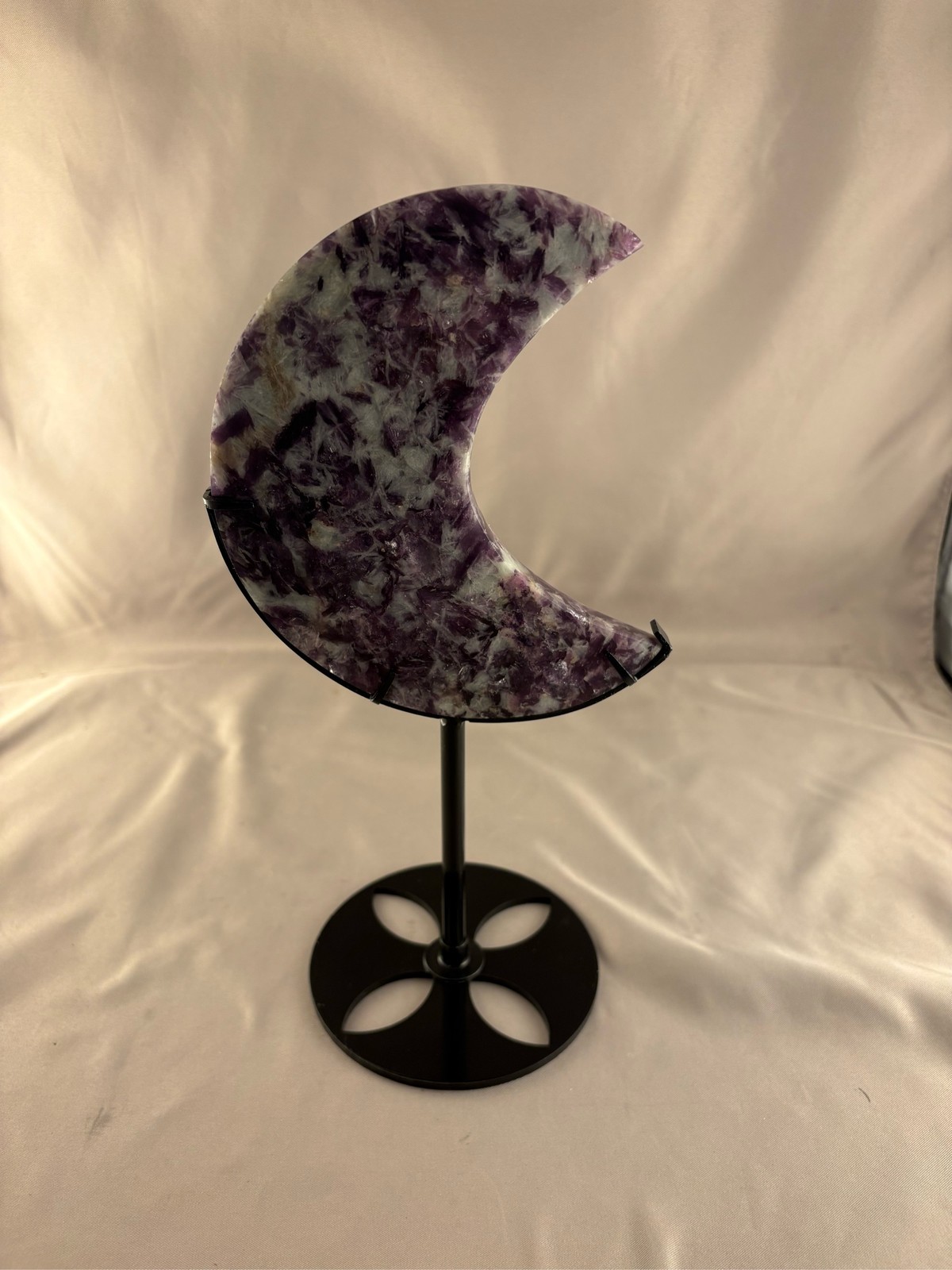 Natural Dreamy Amethyst Crescent Moon Crystal Carving on Metal Stand
