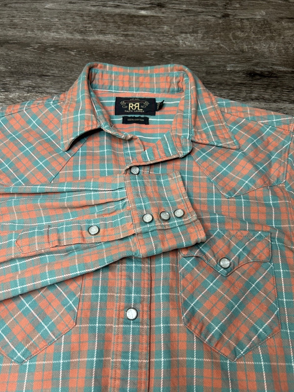 RRL Ralph Lauren Men’s Western Shirt Teal Orange Plaid Pearl Snap Cotton Size S