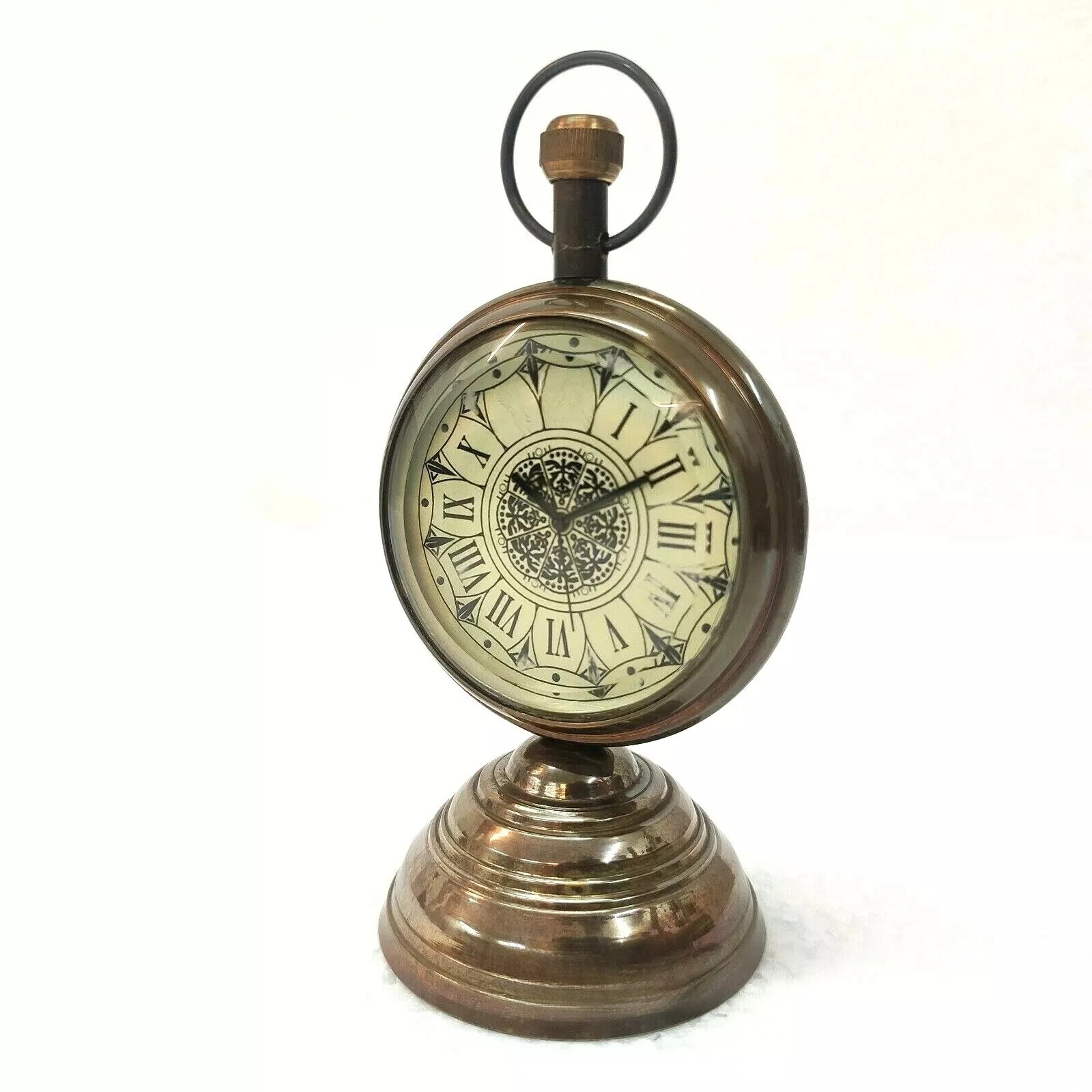 Antique Brown Finish Brass Made Desk Clock Table Decorative Item