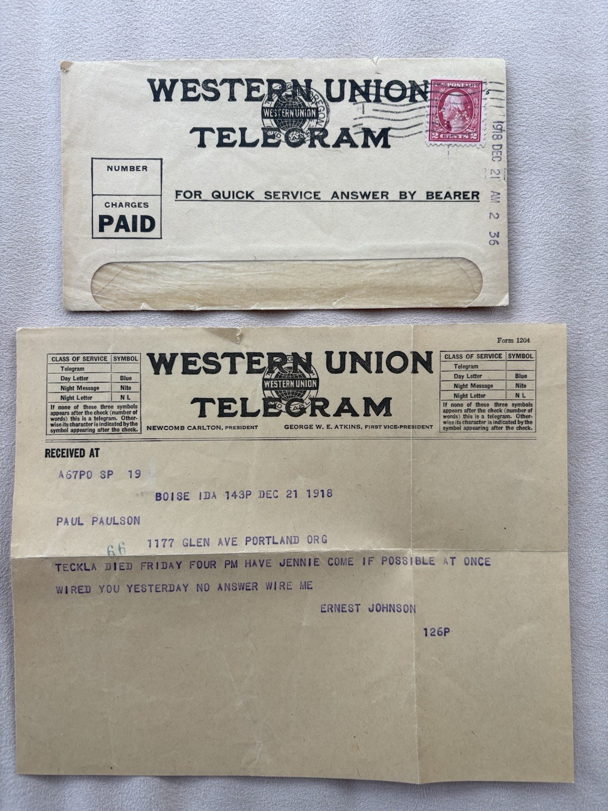 Antique 1918 WESTERN UNION TELEGRAM w/Envelope-Death Notice Boise, Idaho