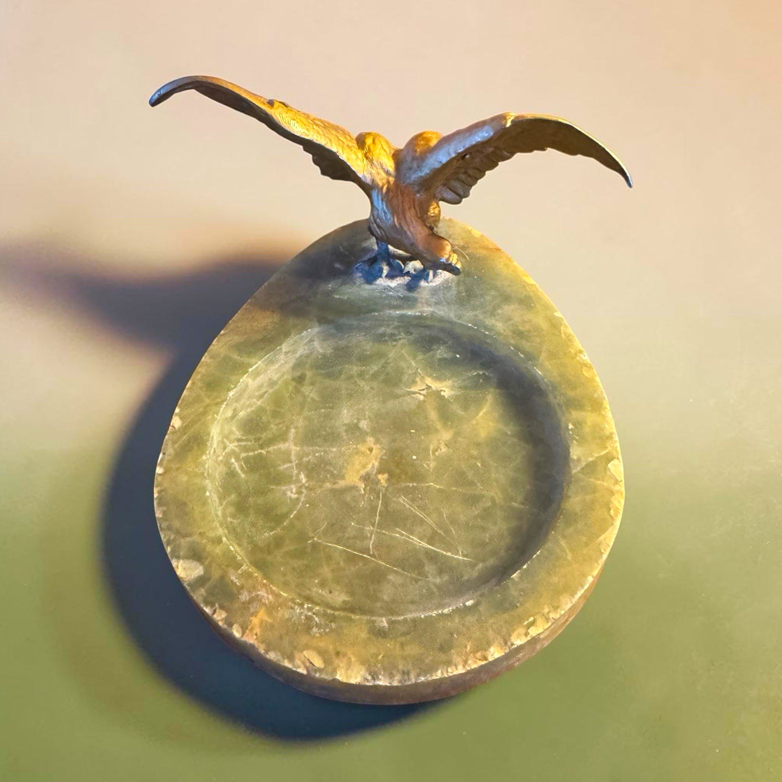 Green Stone Base Art Deco with Bronze Eagle Figure Figurine 1930-1940