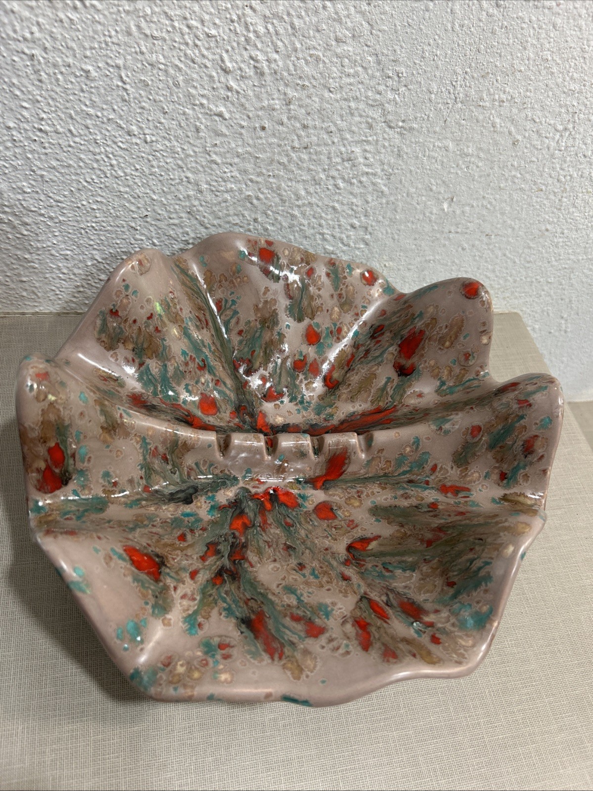 VTG MCM Retro Rigid 10.5” Red, Green, Blue Drip Glaze Amoeba Ceramic Ashtray