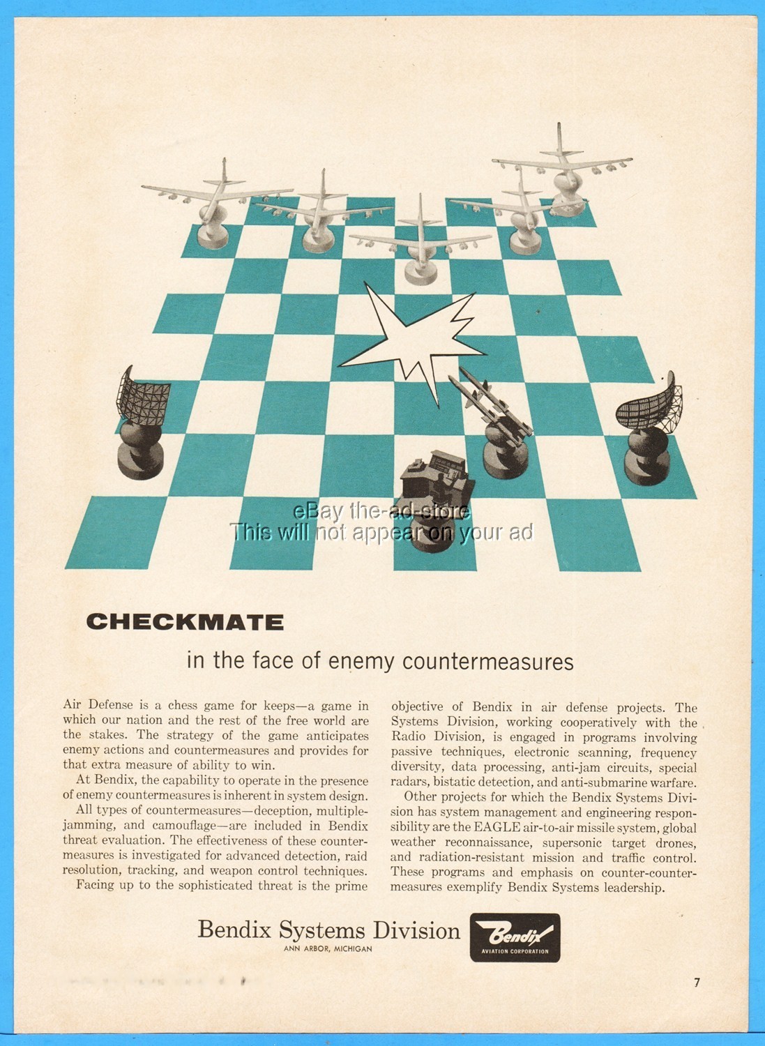1959 Bendix Systems Ann Arbor MI Chess Checkmate Air Defense Cold War Ad
