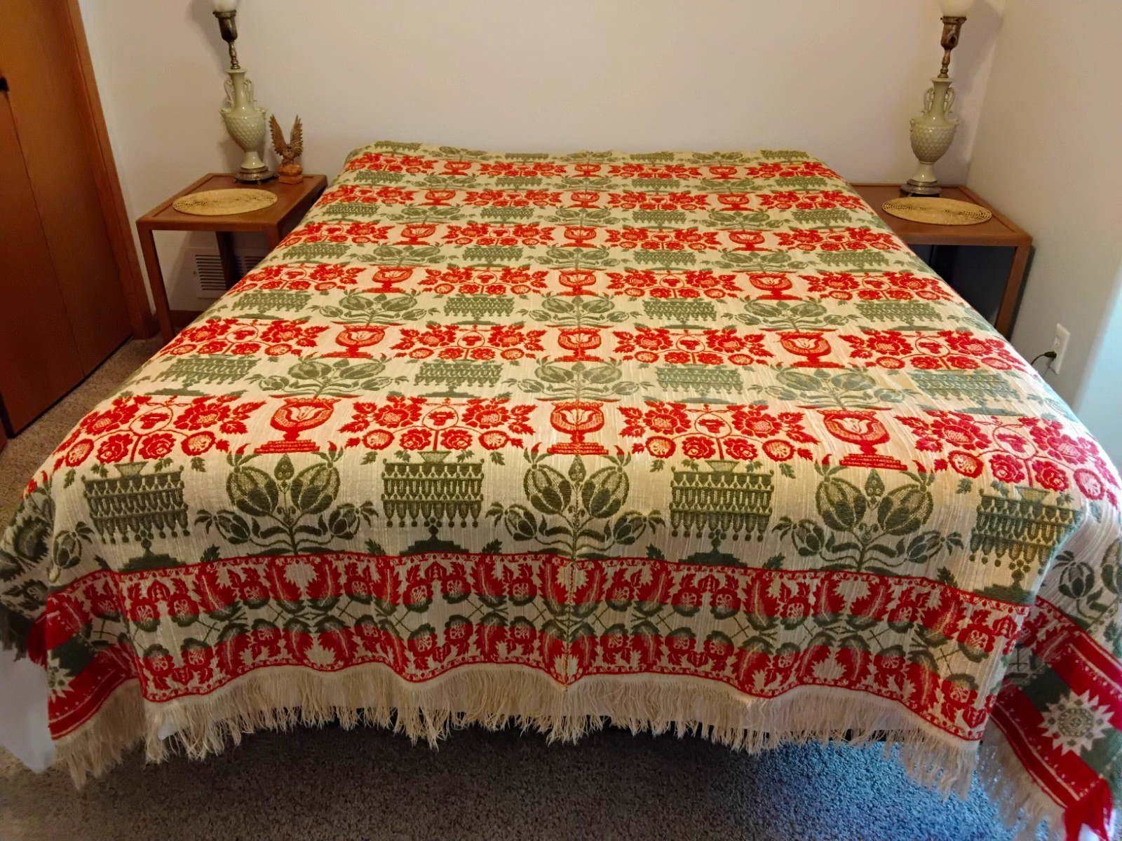 Antique Woven Coverlet, Red, Green, Beige Floral Urn Design, Center Seam