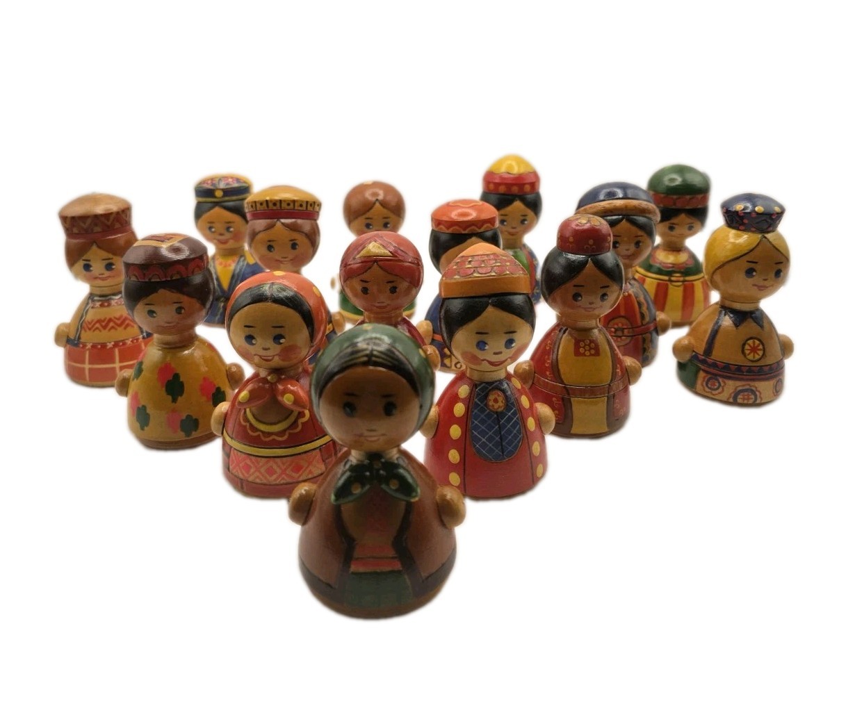 15 Vintage Russian Hand Carved Painted Wooden Folk Art Figurines