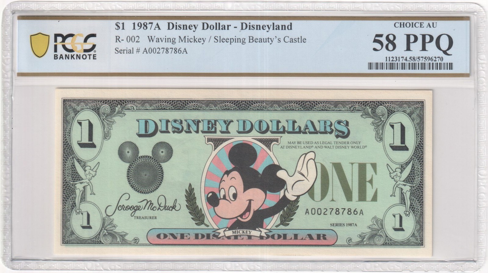 1987A R-002 $1 Disney Dollar Waving Mickey/Sleeping Beauty's Castle PCGS 58 PPQ