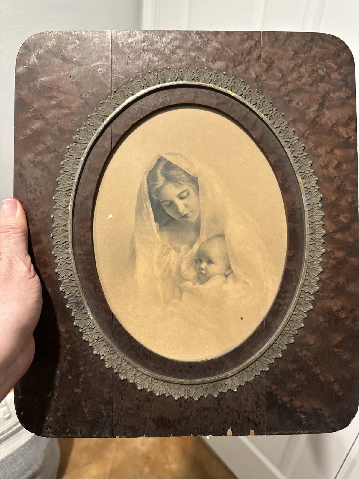 Antique Framed Madonna and Child Print Religion Christianity