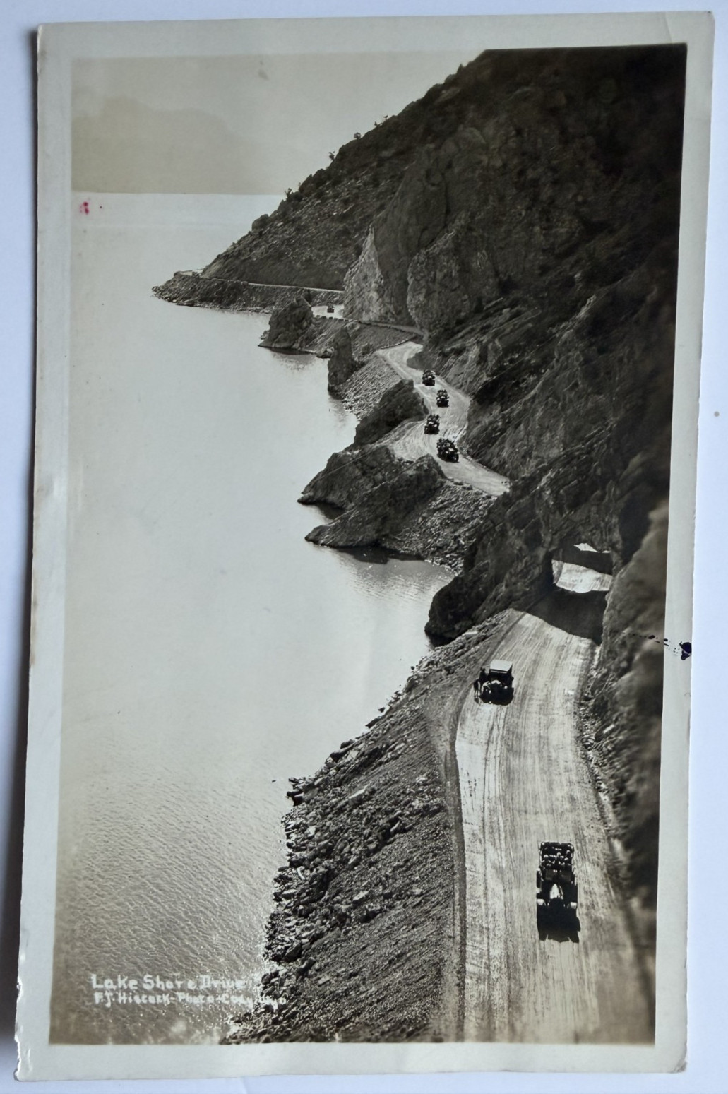 c1931 RPPC Lake Shore Drive Road to Yellowstone Cody Wyoming Old Cars Aerial 