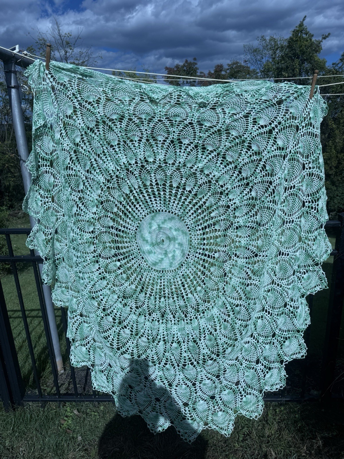 Beautiful Vintage Green And White Crocheted Round Tablecloth 66 Inch Diameter