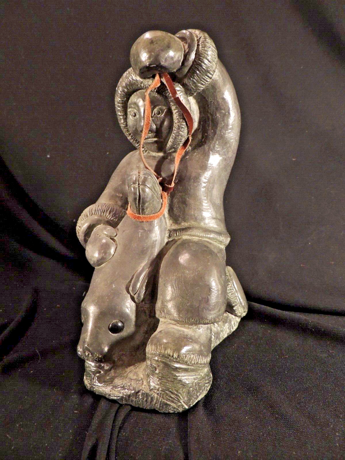 Vtg Huge Canadian WOLF Soapstone Inuit Hunter Hugging Seal Leather Strap Signed