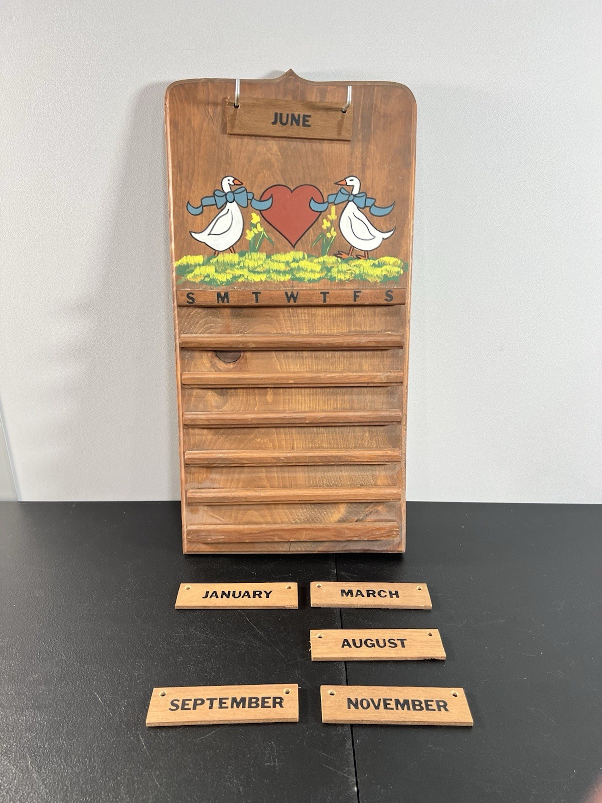 Vintage Wood Perpetual Calendar Goose Heart 90s 80s Granny Core No Numbers
