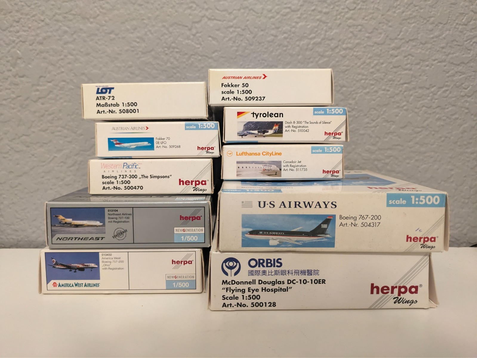 Lot of 10 1:500 herpa models aircraft.