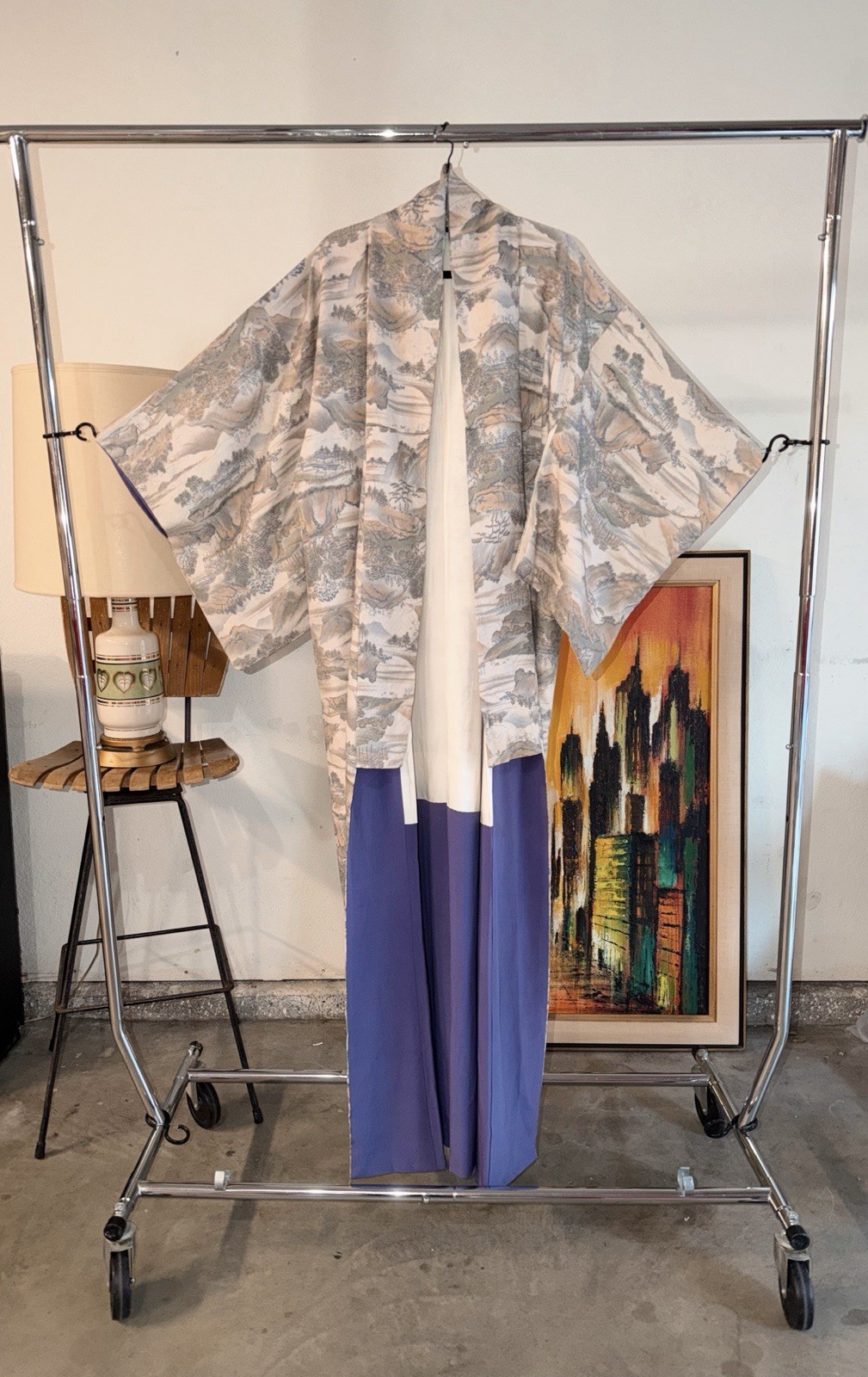 Vintage Japanese Silk Kimono Grey Blue Traditional Motif Showa Era