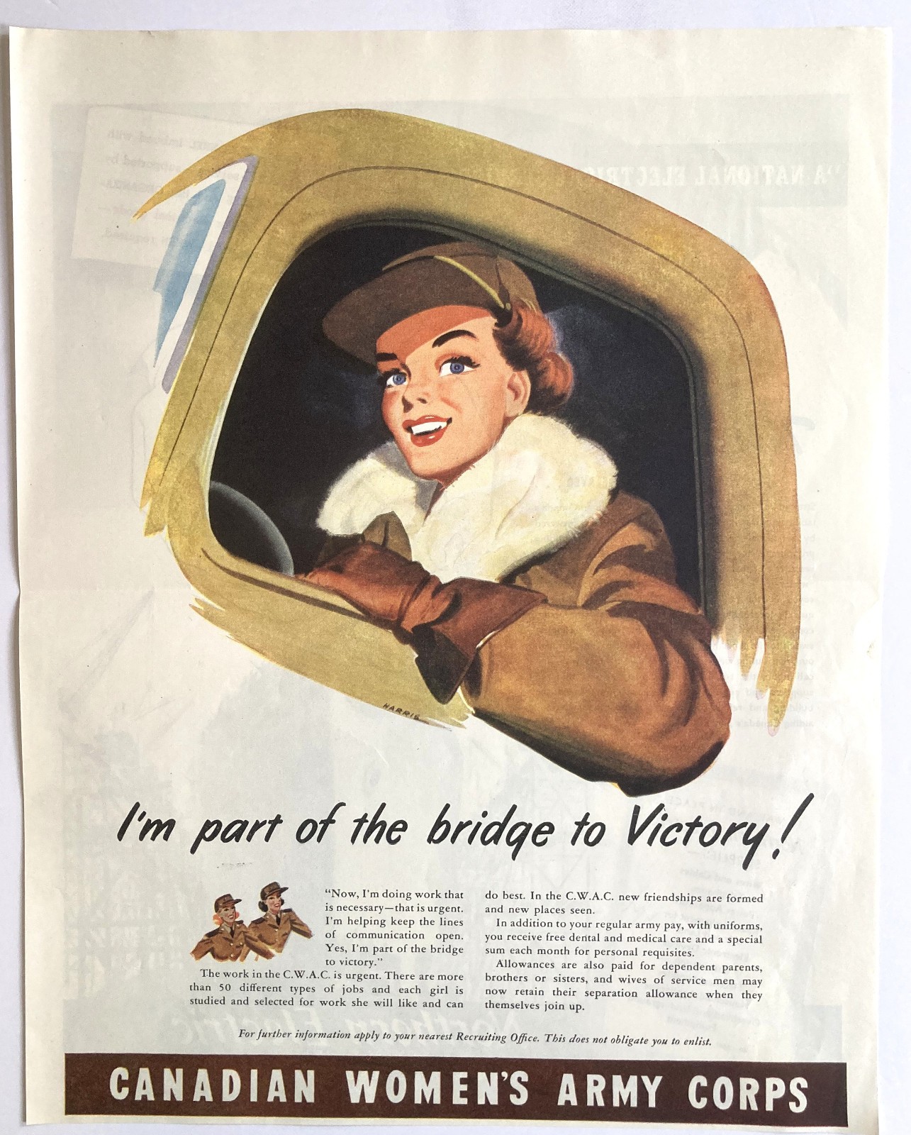 1944 CWAC CANADIAN WOMEN\'S ARMY CORP RECRUITING AD CANADA TRUCK DRIVER