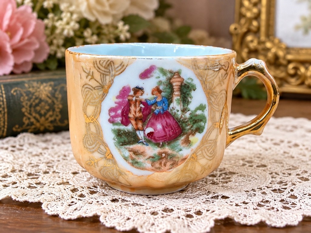 1950s Royal Japan Gold Demitasse Cup Rare Courting Couple Victorian Style