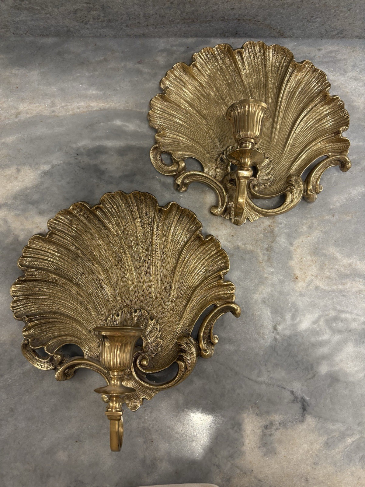 LARGE Rare Set Vintage Brass Scallop Shell Wall Candle Sconces Regency Baroque