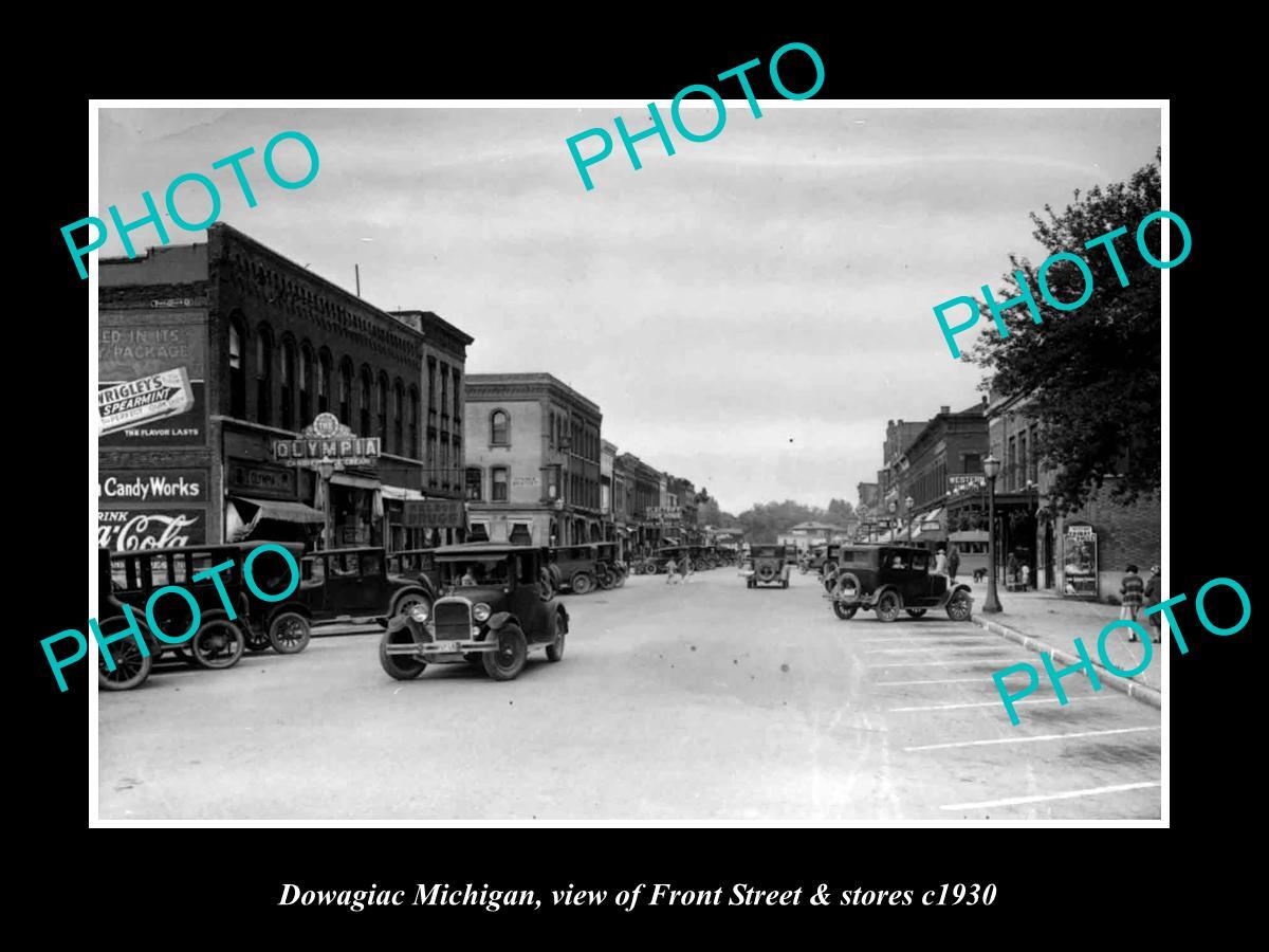OLD LARGE HISTORIC PHOTO OF DOWAGIAC MICHIGAN VIEW OF FRONT St & STORES c1930