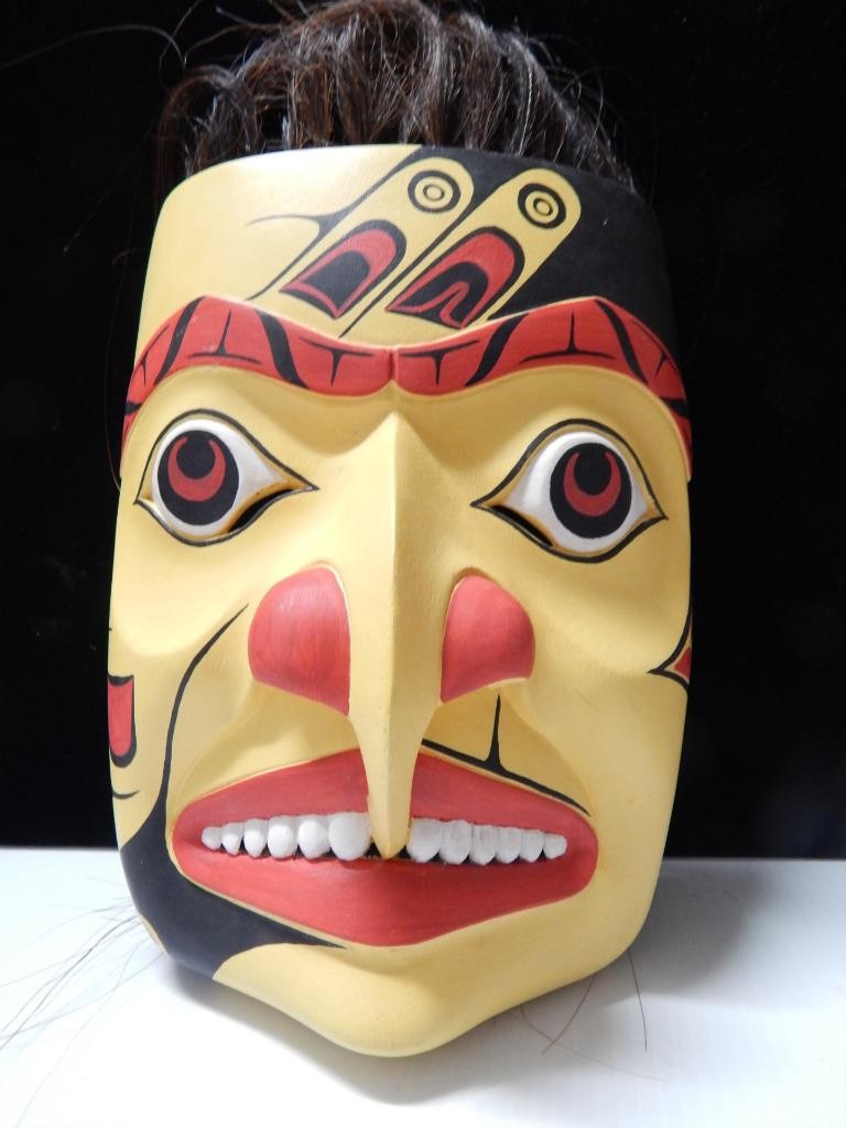 VINTAGE NW COAST  HAND CARVED + PAINTED MASK - HORSEHAIR - CLEAN + NICE
