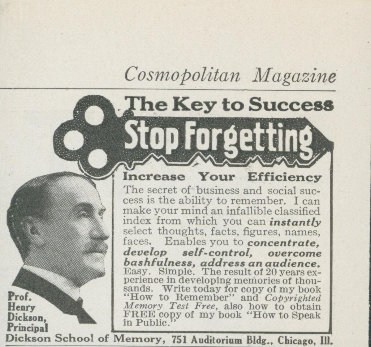 1915 Stop Forgetting Key To Success Henry Dickson Chicago IL Vtg Print Ad CO5