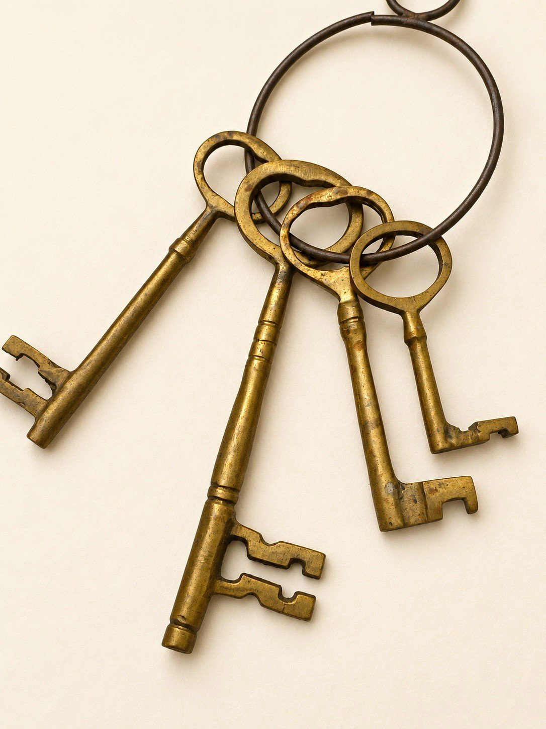 Vintage Antique Brass Skeleton Keys on Key Ring Set Lot of 4