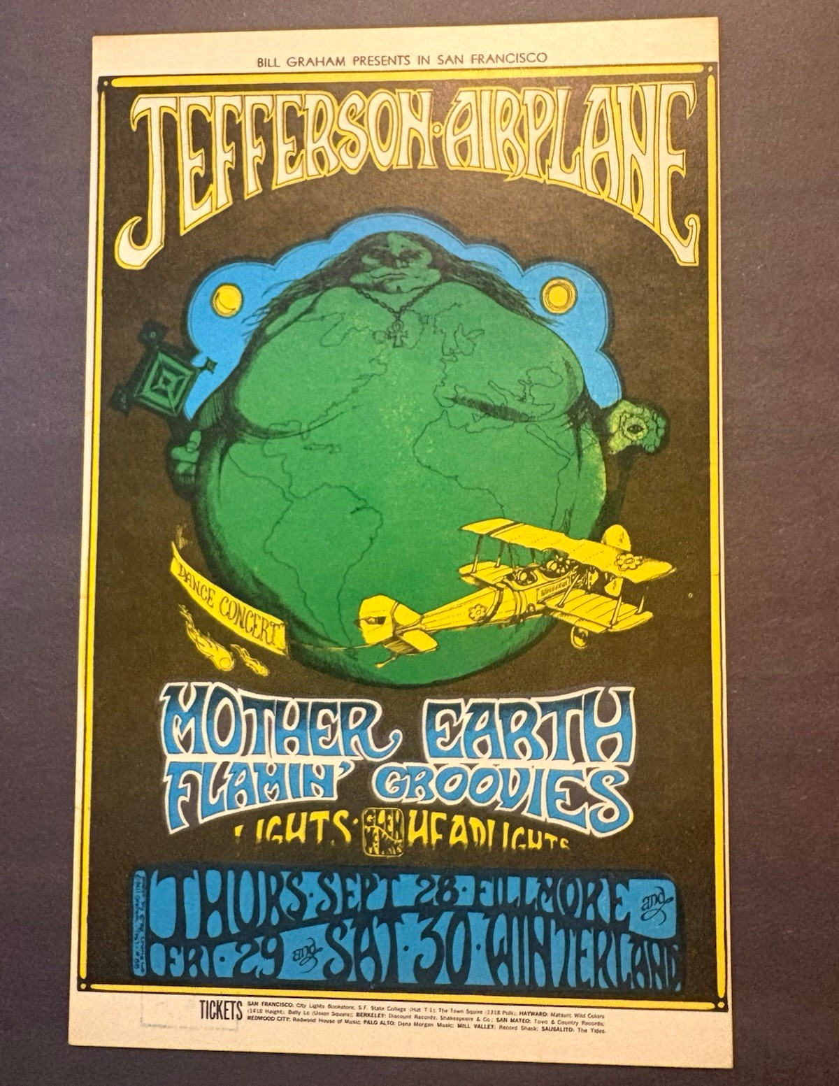 Jefferson Airplane Mother Earth Fillmore Auditorium Postcard NM stamp back