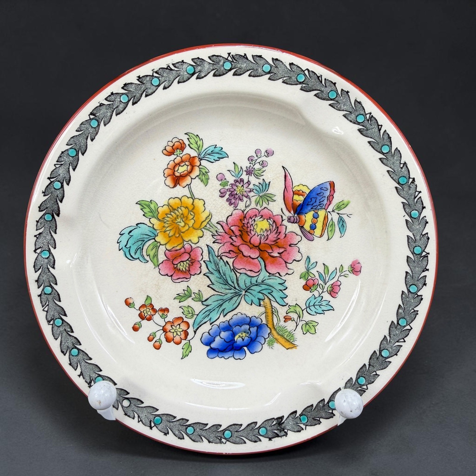 Copeland Late Spode Ashtray Floral Butterfly England Vintage 5in Cream Red