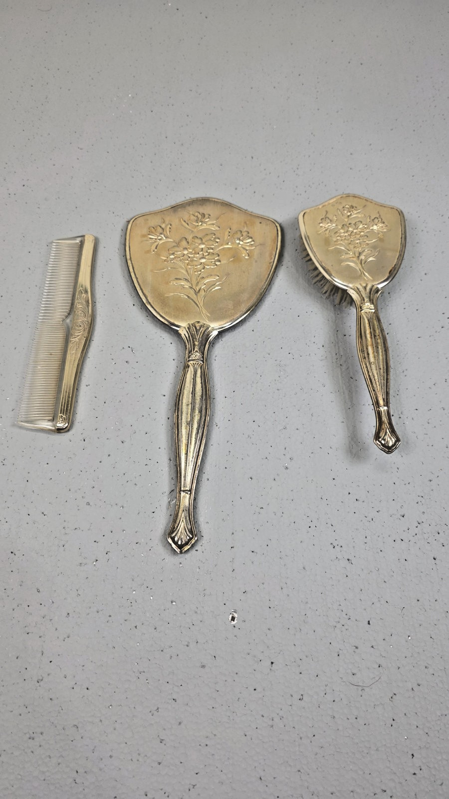 Vintage Art Deco Vanity Set Hand Mirror Comb & Hairbrush with Embossed Floral