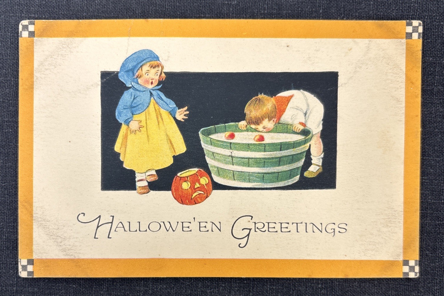 Vintage Halloween Postcard Gibson Kids Bobbing For Apples Jack-o-Lantern Antique