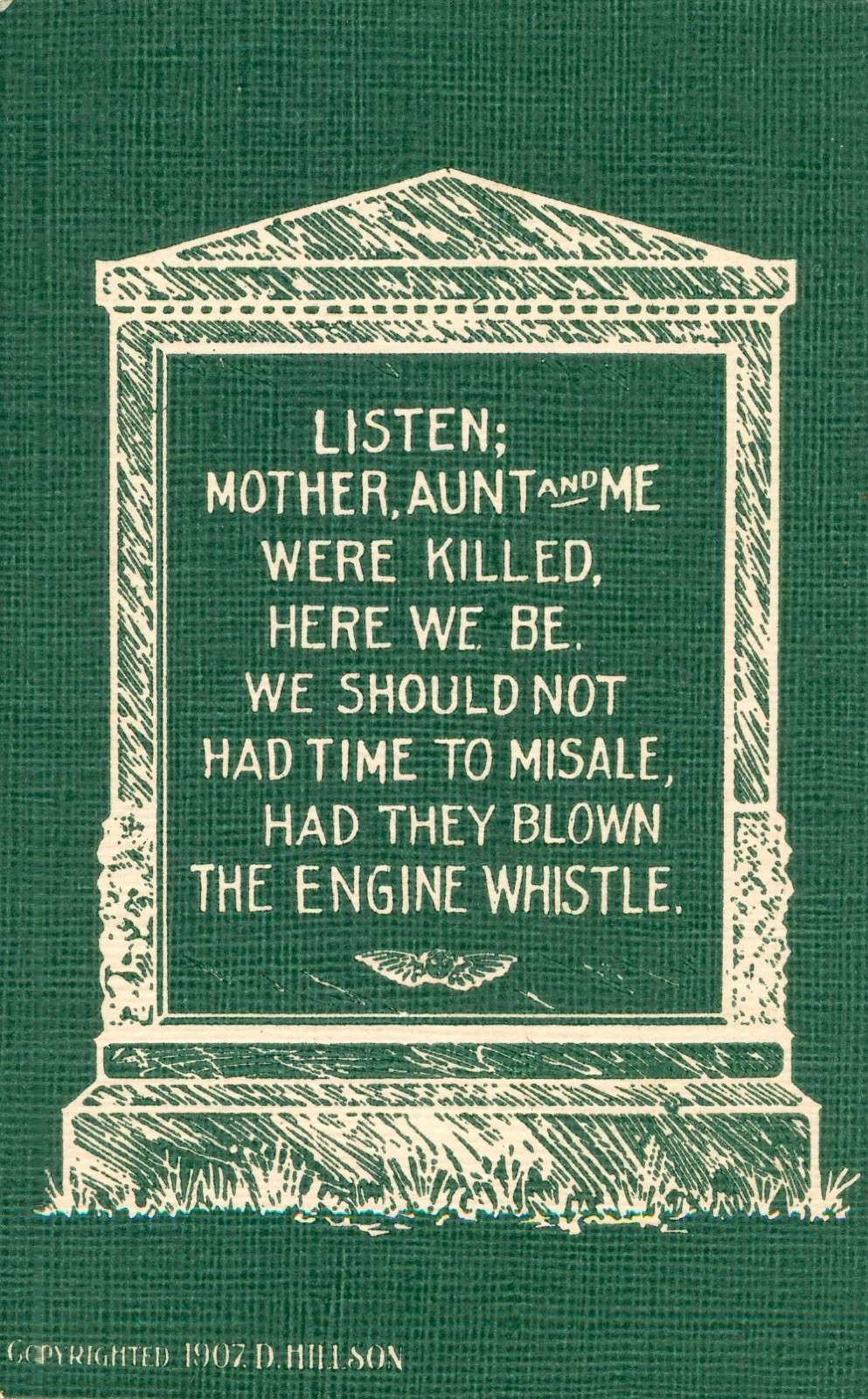 Grave Postcard Antique1907 'Listen; Mother, Aunt & Me Were Killed' Train Death?N