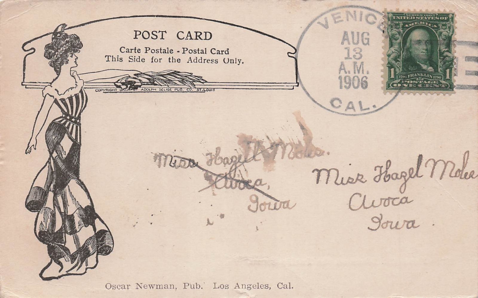 Los Angeles Venice CA Cover to Avoca Iowa Patriotic Gibson Girl Postcard 9A