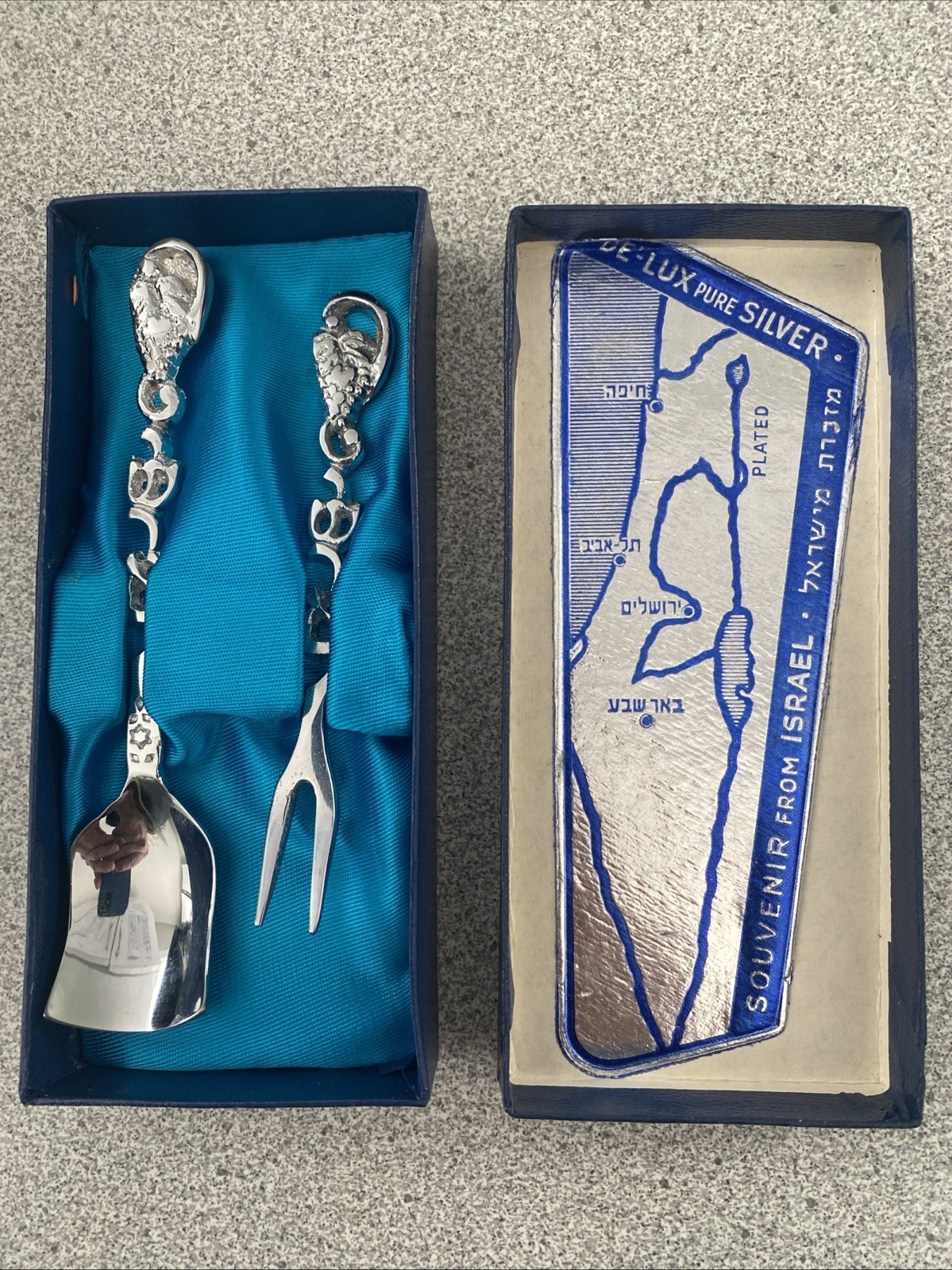 Vintage De-Lux Silver Plated Souvenir Israel Cocktail Fork And Spoon In Orig Box