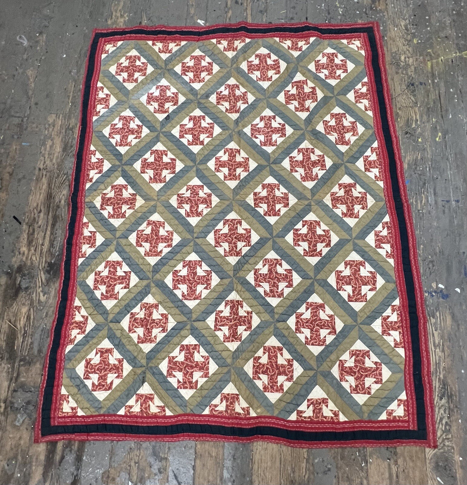 Antique Late 1800s Gorgeous Cross Double T Quilt 74