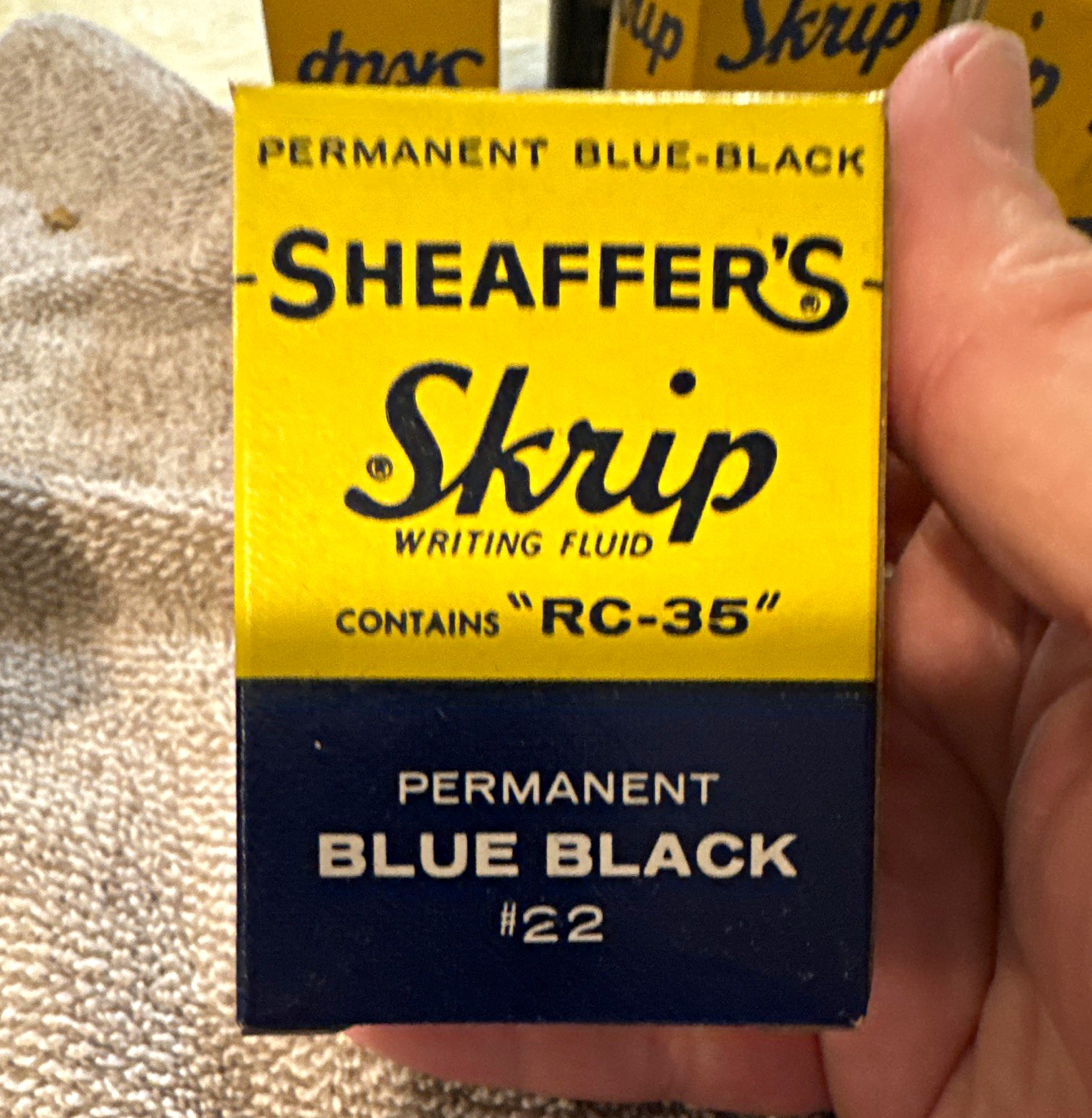 Sheaffer’s Skrip Permanent Blue-Black #22 Ink Bottle Glass w/ Box Vintage